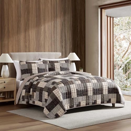 Queen Reversible Cotton Quilt Set with Shams - Antique Brown