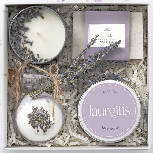 Lavender Spa Gift Basket for Women – Self Care Set with Candle, Bath Bomb & More