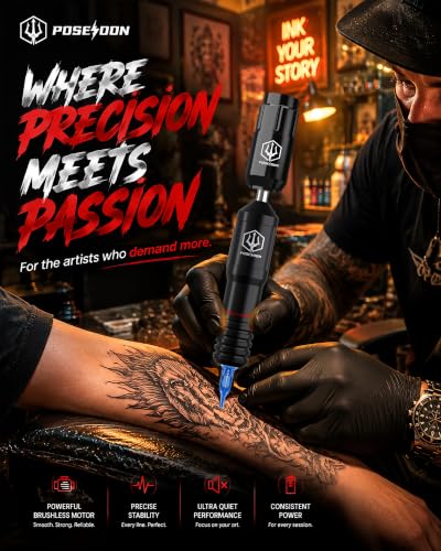 POSEIDON Wireless Tattoo Gun Kit with 2 Batteries - Black for Beginners & Artists
