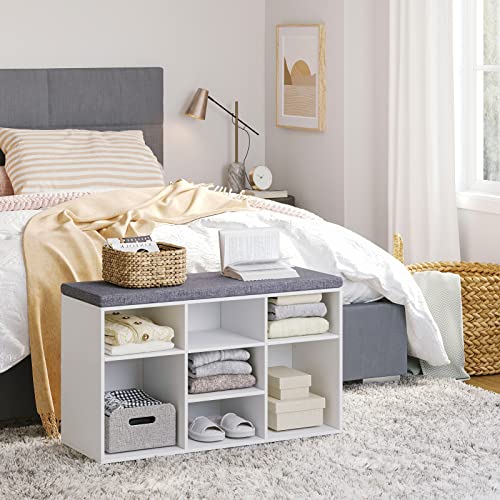 White Shoe Storage Bench with Cushion, 31.5-Inch Cubby Shoe Rack, 9 Cubbies - DINZI LVJ