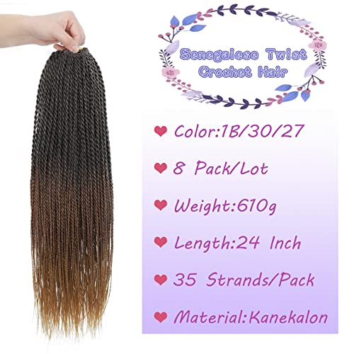 Senegalese Twist Crochet Hair 8 Packs - Ombre 24 Inch Pre-Looped Synthetic Braid - Black Women Style Variation 1B/30/27