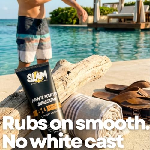 SLAM Men's Sunscreen Lotion SPF 50 & Moisturizer ? Face & Body Sunblock, Anti-Aging, Water-Resistant, Hawaii Act 104 Safe, Skincare for Men, Scented & Unscented ? 3 fl oz. each- Trio pack.