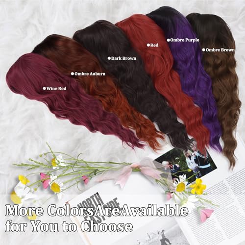 Ombre Purple Long Wavy Wig with Bangs for Women, 26 Inches, Heat-Resistant Synthetic Hair, Daily & Party Use