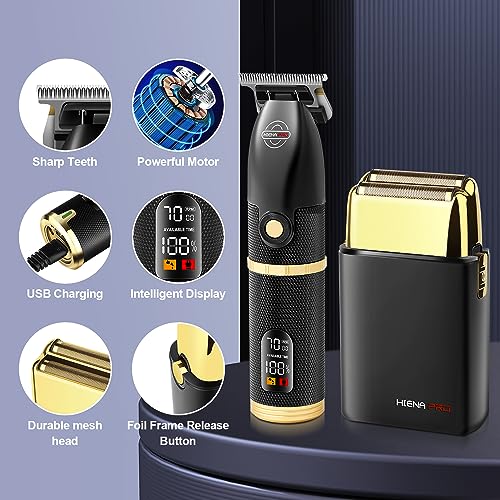 HIENA PRO Hair Trimmers and Foil Shaver for Men Kit,Men Professional Cordless Barbers Hair Clippers with LCD Display,Black Gold Zero Gapped Hair Trimmer, Double Foil Shaver