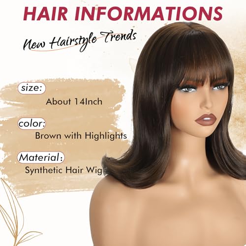 LEOSA Brown Highlights Short Bob Wig with Bangs, Realistic Scalp, Shoulder Length Wavy Layered Synthetic Hair for Women