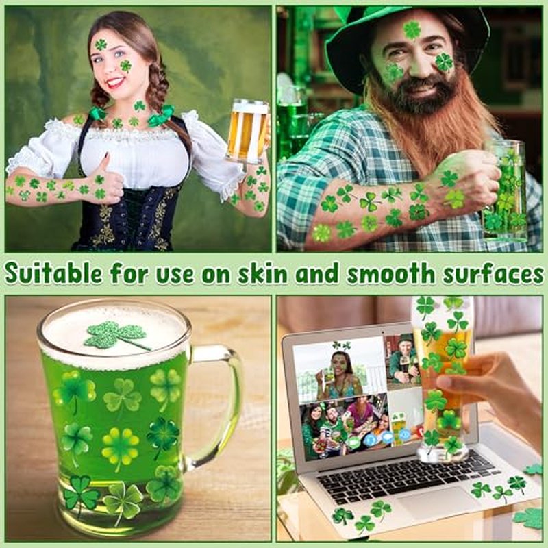 100 PCS St Patricks Day Tattoos, 4 Sheets Green Four Leaf Clover St Patricks Day Tattoos, Waterproof St Patricks Day Temporary Tattoos for St Patricks Day Accessories Favors