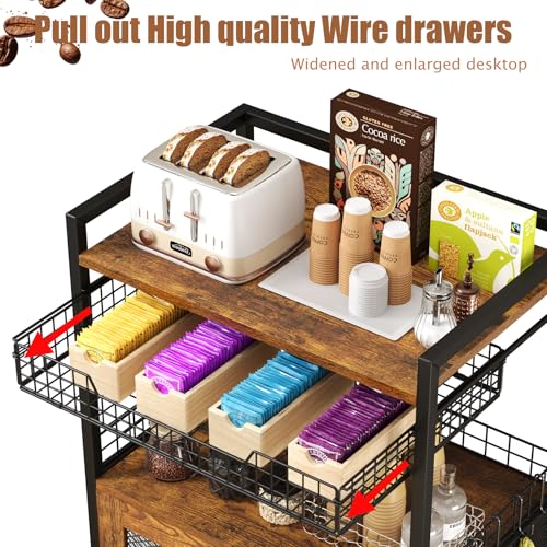 Large Coffee Bar Cabinet on Wheels with 3 Tiers, Wire Basket Drawer & Hooks