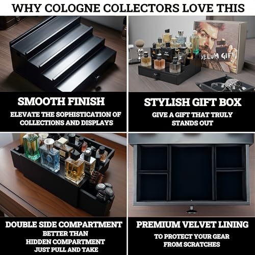 Wooden Cologne Organizer For Men 4 Tier Black | High Grade Velvet Lining and Stylish Gift Box | Side Compartment | Space Aid Cologne Holder | Perfume Display Stand | Dresser Countertop Decor