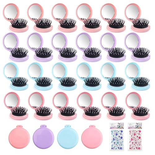 6.5cm/2.56 Inch 20 Pcs Folding Mirror Hairbrush Set with DIY Stickers - Portable 2-in-1 Travel Makeup & Hair Comb for Women & Girls
