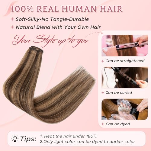 Single Clip In Hair Extensions - 22 Inch Real Human Hair Highlight Balayage Dark & Light Brown #2RP6