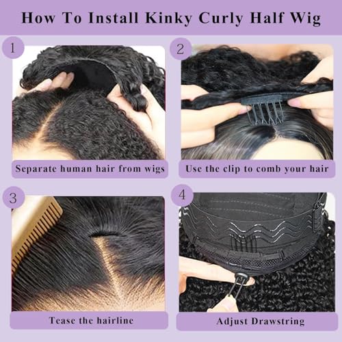 Black 16 Inch Kinky Curly Half Wig Human Hair 200 Density Seamless Flip Over Style - Glueless, Beginner Friendly