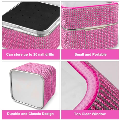 Pink Nail Drill Bits Set with Rhinestone Storage Box - 30 Pieces for Nail Art and Manicure