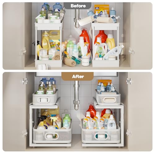 Corbyles 2-Pack White 18.5" Under Sink Organizer with Adjustable Height, Mesh Drawers, Ball-Bearing Slides