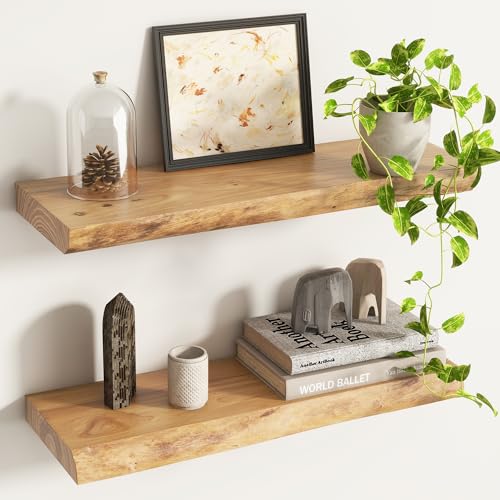 Venusmiles 24-Inch Live Edge Reclaimed Elm Floating Shelves - Heavy-Duty Wall Mount Set of 2 - Natural Finish