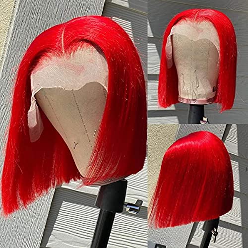 Red 10 Inch Human Hair Bob Wigs 13x4 Lace Frontal Short Blunt Cut Glueless Wigs for Black Women