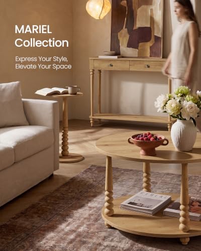 VASAGLE Natural Brown 2-Tier Round Coffee Table with Storage & Wooden Legs
