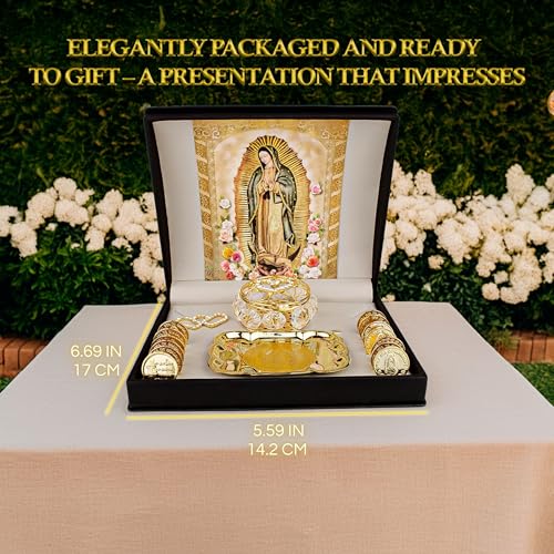14k Gold Plated Virgen Guadalupe Arras Chest for Catholic Wedding - Crystal Chest Variation