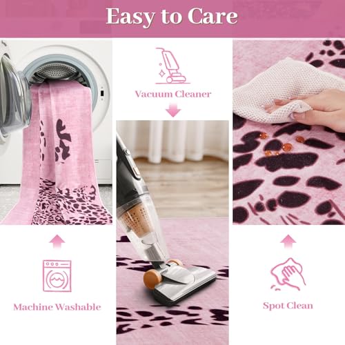 OJIA Pink Leopard Print 5x7 Washable Area Rug for Living Room, Soft & Non-Slip