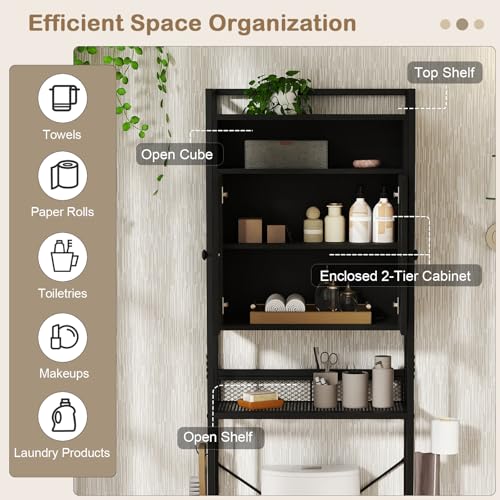 Over The Toilet Storage Cabinet - 5-Tier Bathroom Organizer with Mesh Doors - Black / Rustic Variation