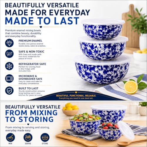 Set of 3 Enamelware Mixing Bowls with Lids - Cobalt Swirl, 3.0-4.5 Qt