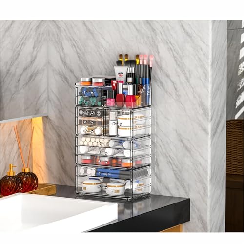 11 Drawer Acrylic Makeup Organizer Set - Stackable Cosmetic Storage for Vanity & Bathroom - Large Plastic Skincare Drawer Bins - 4-Pack