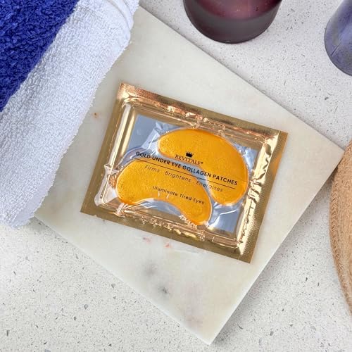 REVITALE 24k Gold Under Eye Collagen Patches, Reduce Puffy Eyes & Dark Circles, Illuminate Tired Eye Masks - Firms, Brightens, Energises (Packets - 10 Pair)