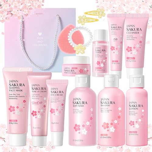 Sakura Skin Care Set, Skincare for Girls 10-12, 15Pcs Skincare Gift Set for Teens Complete Skincare Routine, Travel Size Skincare Set with Hair Clips, Kids Skin Care Set for Girls Ages 8-12