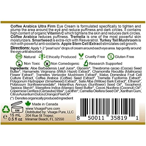 Caffeine Ultra Firm Eye Cream -Powerful Hydrating, Softening, and Firming Eye Cream. Fights Wrinkles, Puffiness, and Dark Circles - Organic - Physician Formulated - Research Supported