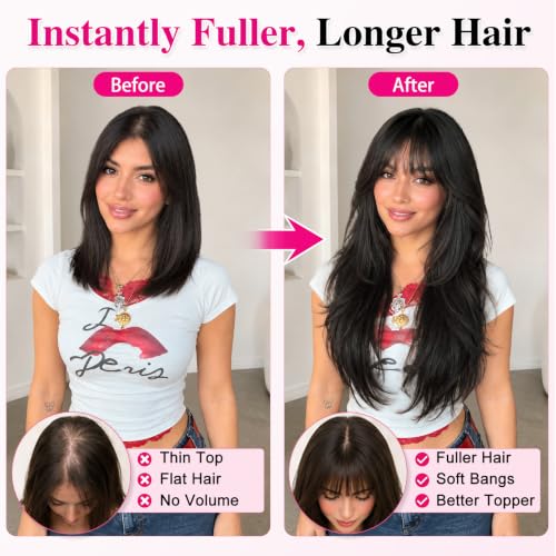 26 Inch Hair Topper for Women with Bangs - Black Brown Thinning Hair Volumizer