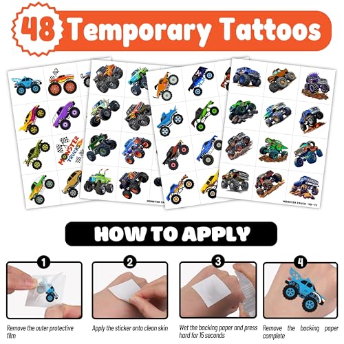 72 PCS Monster Truck Party Favors - 48 PCS Temporary Tattoos & 24 PCS LED Finger Lights Combo - Birthday Goodie Bag Fillers, Light Up Toys, Party Supplies for Kids