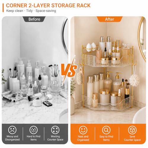 Crystal Silver Corner Bathroom Counter Organizer 2-Tier Vanity Storage with Brush Holder