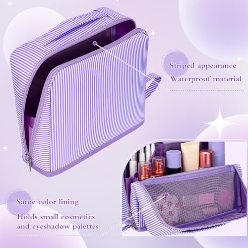Striped Makeup Bag Large Cosmetic Bags for Women Gift with Brush Loops Mesh Pocket Wrist Strap Travel Organizer Storage Pouch Toiletry Case with Divider for Mirror(Lavender)