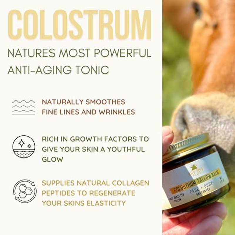 100% Grass Fed Tallow Balm with Colostrum & Emu Oil - Handmade Whipped Beef Tallow for Face and Body, Sensitive Skin Tallow Moisturizer made with True First Colostrum, (Unscented)