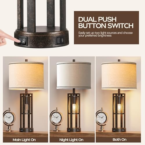 PARTPHONER 28'' Set of 2 Farmhouse Industrial Nightstand Lamps with USB Ports - Bronze