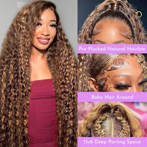 Honey Blonde Highlight Lace Front Human Hair Wig 18 Inch Deep Wave 13x6 - Vari of 18 Inch / 4/27 Highlight