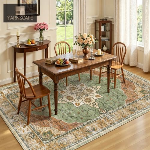 YARNSCAPE 8x10 Sage Green & Terracotta Machine Washable Area Rug - Non-Slip Low-Pile Carpet