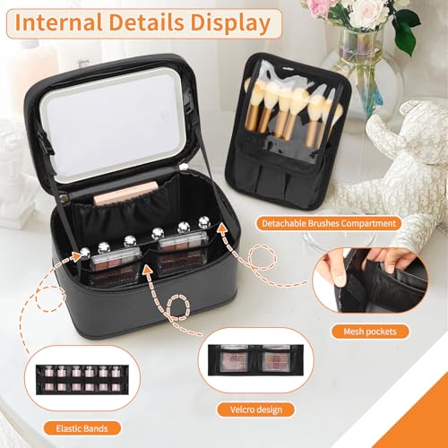Travel Makeup Bag with LED Mirror - Detachable Brush Storage, Black 001