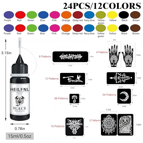 Temporary Tattoo Kit with 24 Ink Bottles & 154 Stencils - 12 Colors, Waterproof & Long-Lasting