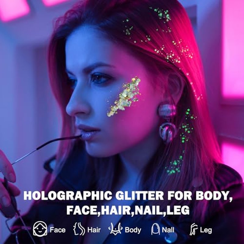 24 Colors Glitter UV Glow in The Dark Gel for Body Face Hair Eyeshadow,UV Black Light Makeup Glitter for Raves Festivals Carnival Party