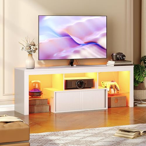 LED TV Stand for 60 Inch TVs, White Entertainment Center with LED Lights