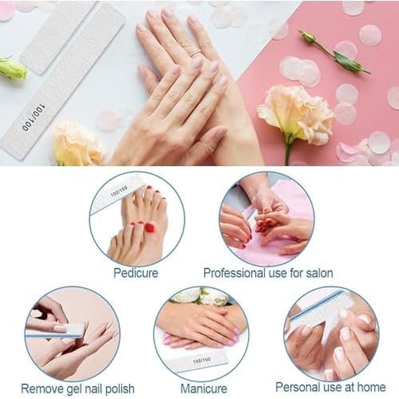 100 Pcs Professional Nail File - 100/100 Grit Nail Files, Acrylic Nail Files for Natural Nails, Nail Files and Buffers, Strong Nail File for Acrylic Nails, for Home and Salon Use