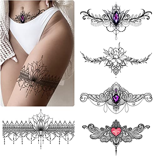 Roarhowl Lace Tattoos, Large Sexy Temporary Tattoo Set, Temporary Tattoos For Women, Belly Back Waist Thigh Body Art Fake Tattoos (Set 2)