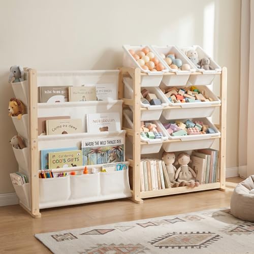 Kids Toy Storage Organizer with Bookshelf and Bins - Solid Pine Nursery Shelving