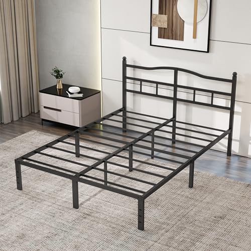 Queen Bed Frame with Headboard - 14 Inch Metal Platform Bed with Storage - Modern Black Finish - Easy Assembly, Noise-Free