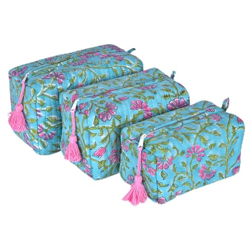 Quilted Floral Block Print Makeup Bag Set of 3 ? Cotton Travel Toiletry and Makeup Organizer, Cosmetic Pouch, Toiletry Bag for Women, Cute Boho Coquette Make Up Bags for Women (Small, Medium, Large)
