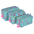 Quilted Floral Block Print Makeup Bag Set of 3 ? Cotton Travel Toiletry and Makeup Organizer, Cosmetic Pouch, Toiletry Bag for Women, Cute Boho Coquette Make Up Bags for Women (Small, Medium, Large)
