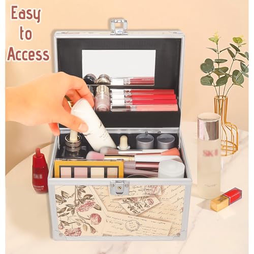 VNIMTI Makeup Train Case, Portable Makeup Box with Mirror, Cosmetic Storage Box for Women with Trays, Makeup Box Organizer for Vanity, Travel, Lockable& Large Capacity (Philatelic Style)