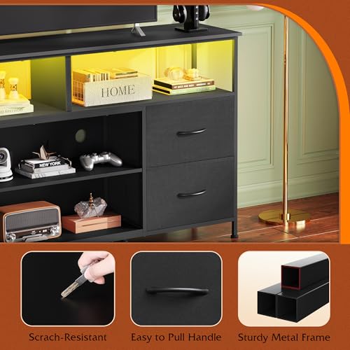 55 Inch TV Stand Dresser with LED Lights & Fabric Drawers - Black, Open Shelves