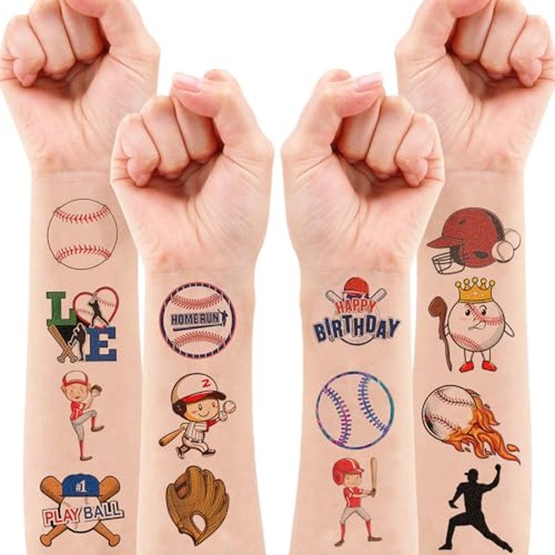 102 PCS Baseball Temporary Tattoos Sticker Softball Sports Theme Birthday Party Supplies Decorations Favors Gifts Boys Girls Adults Sporting Fans Game Player Cute Tattoo School Reward Prizes
