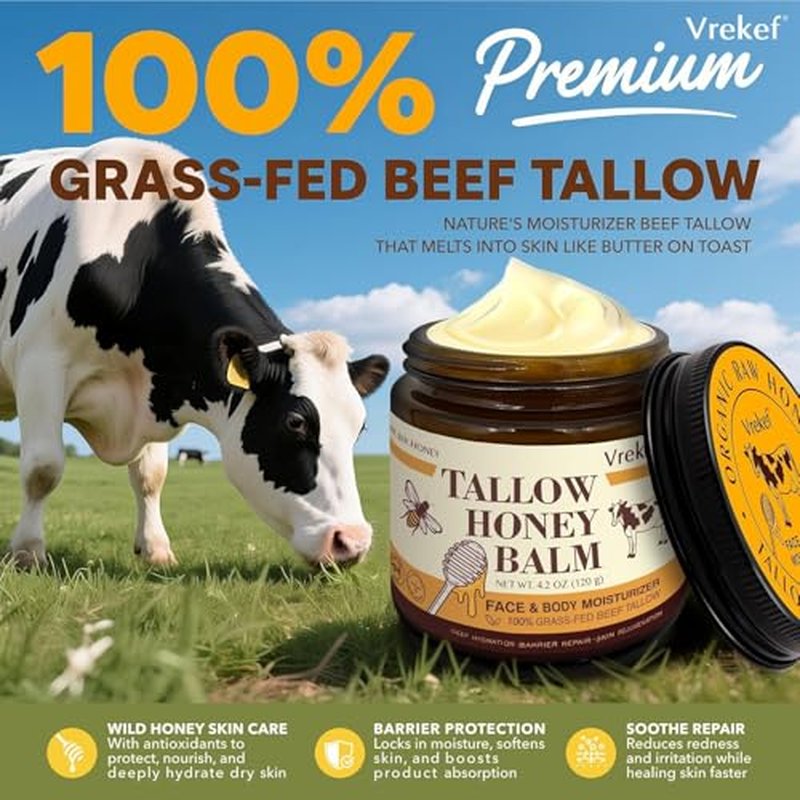 Beef Tallow for Skin (4.2 oz)? Tallow and Honey Balm for Face & Body ? Grass-Fed Tallow with Beeswax, Sea Buckthorn Oil, Shea Butter, Vitamin E ? Natural Moisturizer